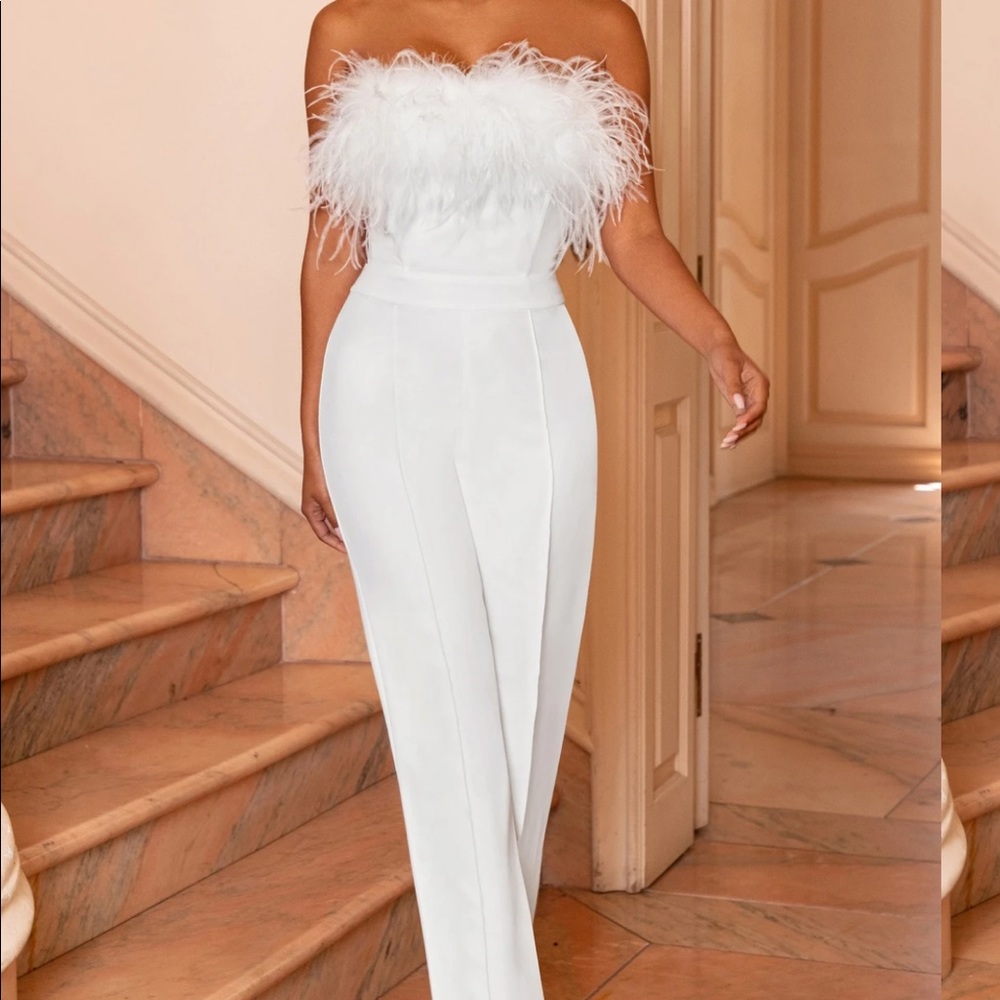 White Bandeau Feather Wide Leg Jumpsuit — CLUB LONDON
